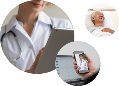Three circles from left to right: doctor on tablet reviewing patient information, patient on video call with physician, elderly lady laughing in recovery room hospital bed