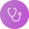Cercle comprenant un icône de stéthoscope afin de représenter le besoin d'un clinicien à suivre les plans de soins et le rétablissement d'un patient
