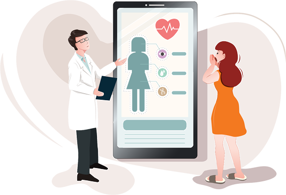Illustration of doctor showing a health assessment on an enlarged phone to their patient