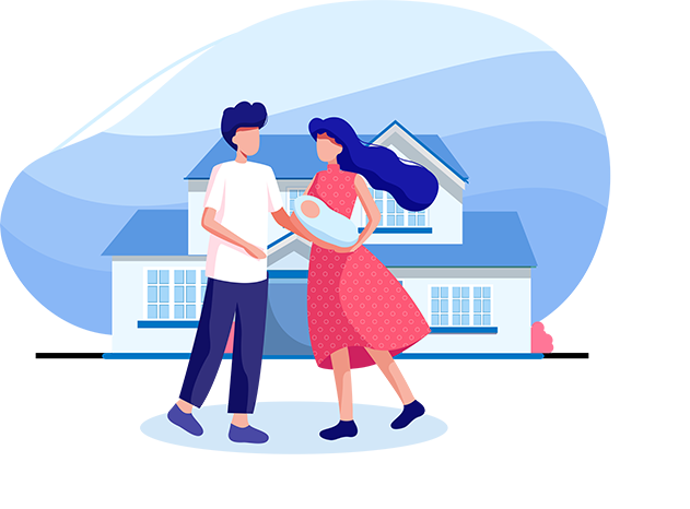 Illustration of a couple with a new born baby in front of their home that is in a remote location