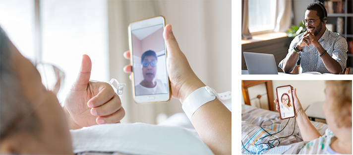 Trois images de patients communiquant avec des membres de leurs familles à l'aide de leurs appareils intelligents afin d'alléger l'isolement social.