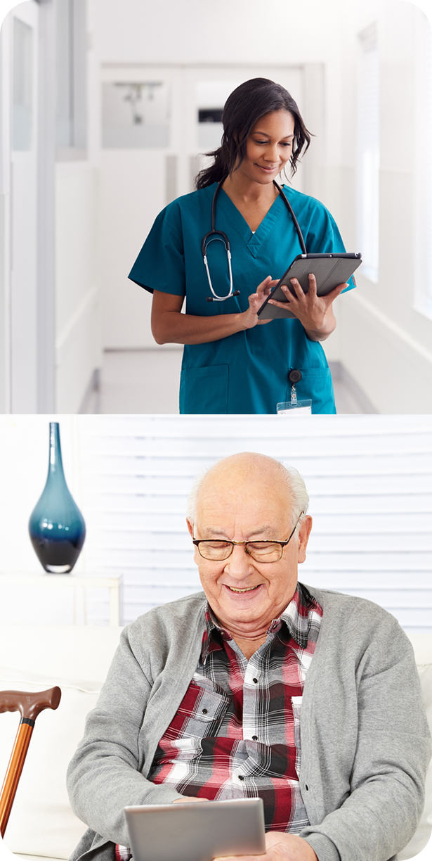 Médecin communiquant virtuellement avec un patient avec l'aide d'une tablette et aîné recevant la communication à la maison