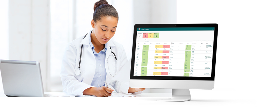 Doctor looking at aTouchAway dashboards to review patient information at a glance