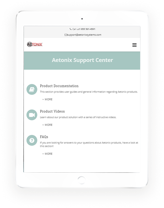 Tablet application of Aetonix system on the Support Center page